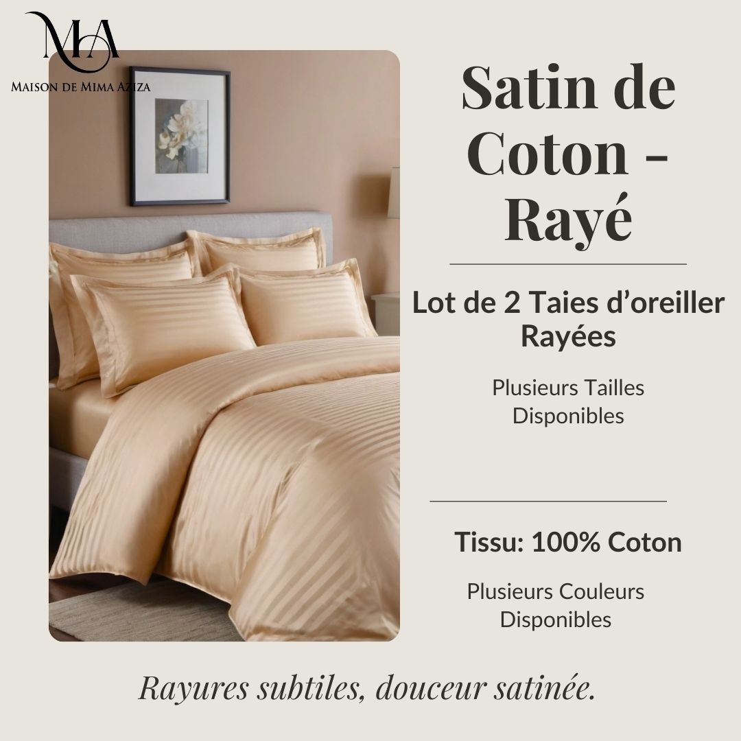 Lot de 2 Taies D'oreiller en Satin de Coton - Rayé