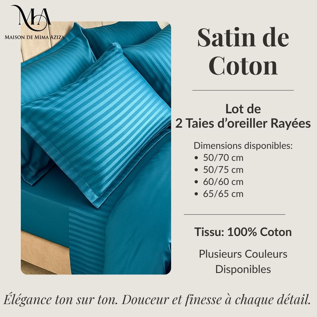 2 Taies D'oreiller en Satin de Coton Rayées
