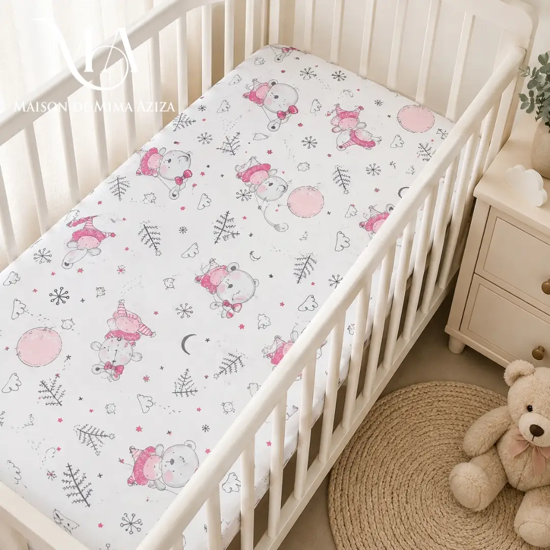 Drap Housse Bébé Blanc Oursons Roses & Ballons