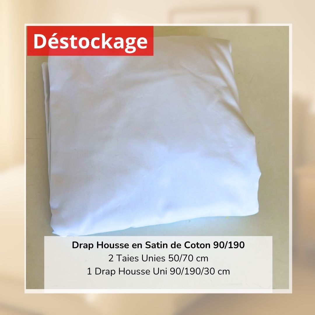 Déstockage! Drap Housse en Satin de Coton Blanc 90/190 et 2 Taies