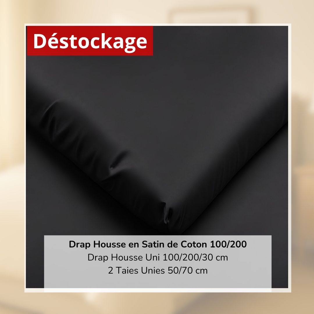 Déstockage! Drap Housse en Satin de Coton Noir 100/200 et 2 Taies d'oreiller