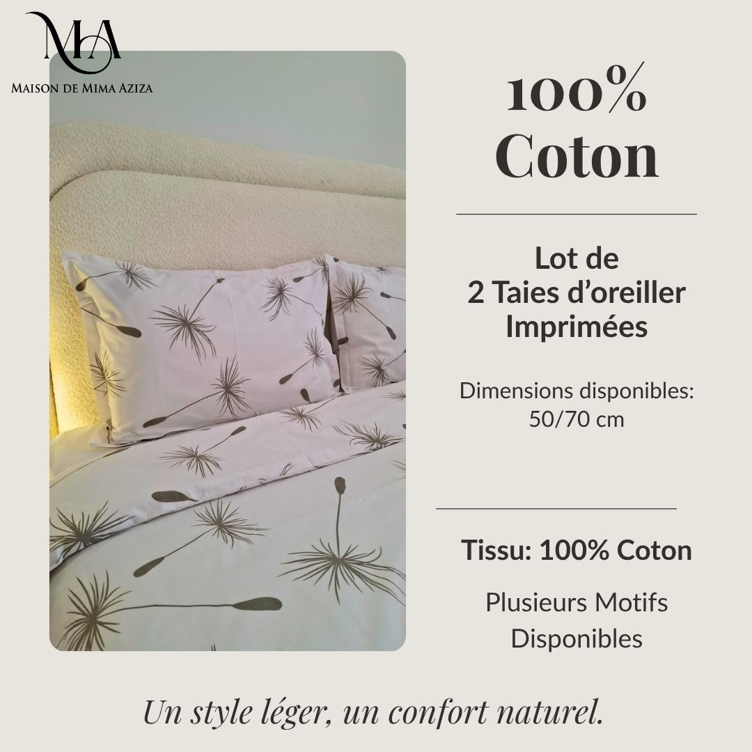 2 Taies d'oreiller imprimé en coton