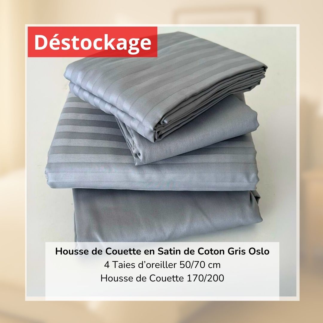 Déstockage! Housse de Couette en Satin de Coton Gris Oslo 170/200 et 4 Taies d'oreiller