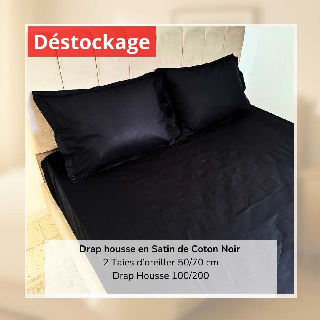 Déstockage! Drap Housse en Satin de Coton Noir 100/200 et 2 Taies d'oreiller