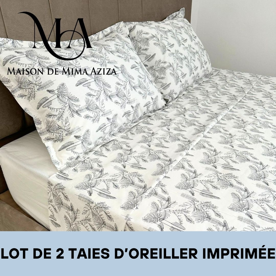 Lot de 2 Taies d'oreiller 100% Coton Imprimé Noir et Blanc