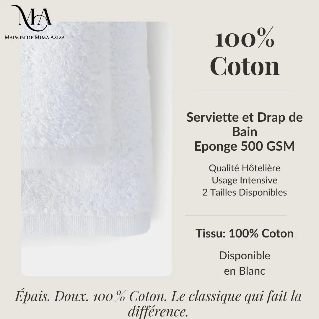 Serviette et Drap de Bain 100% Coton 500 GSM Blanc