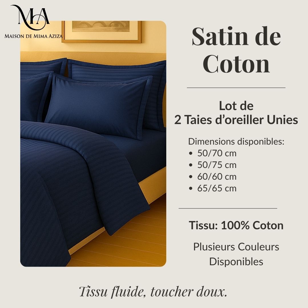 2 Taies D'oreiller en Satin de Coton Unies