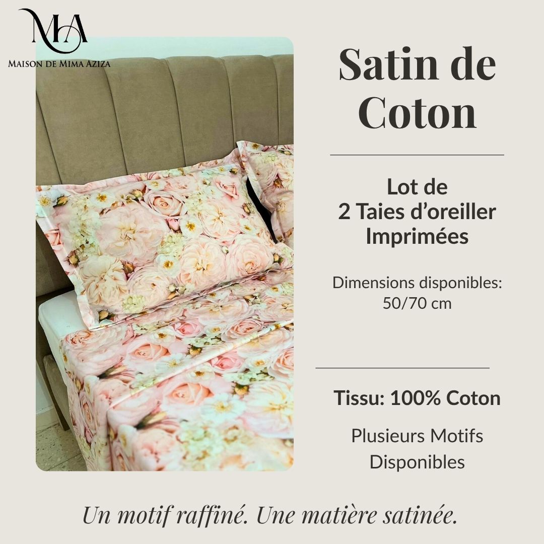2 Taies D'oreiller en Satin de Coton Imprimées