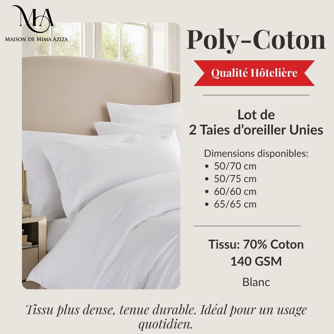 2 Taies d’oreiller Poly-Coton Résistant – Qualité Hôtelière 140 GSM