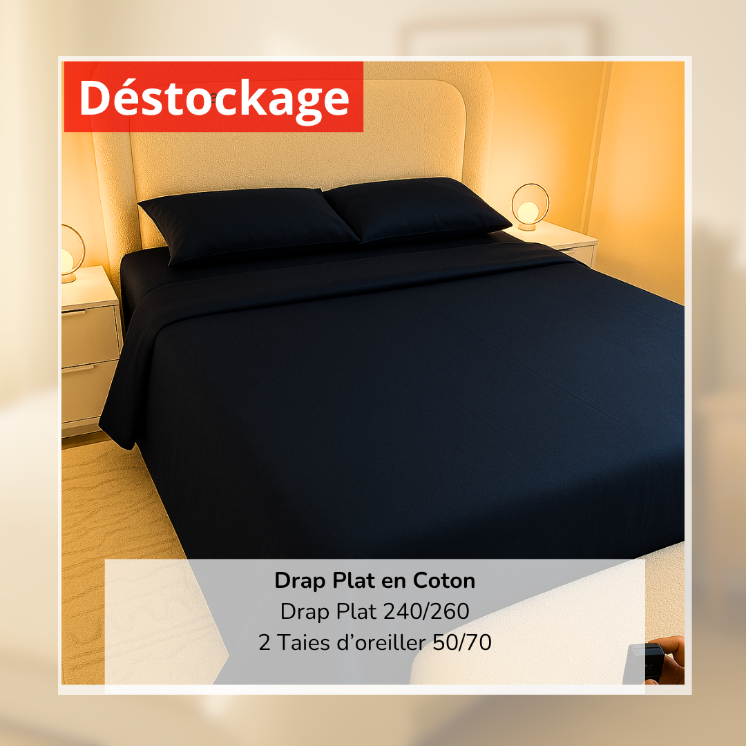 Déstockage! Drap Plat en Coton 240/260 et 2 Taies d'oreiller