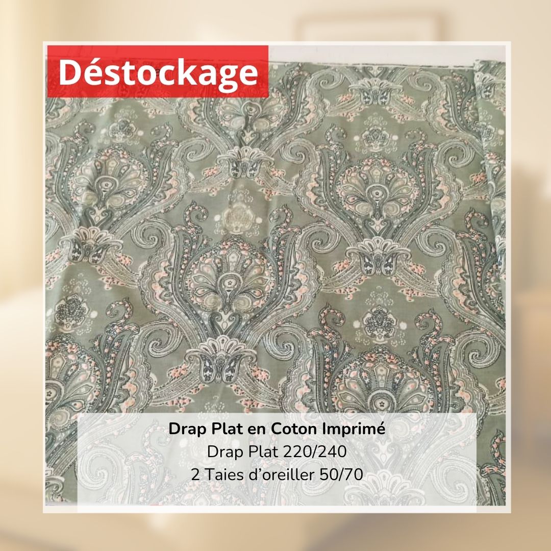 Déstockage! Drap Plat en Coton (Imprimé 10778) 220/240 et 2 Taies d'oreiller