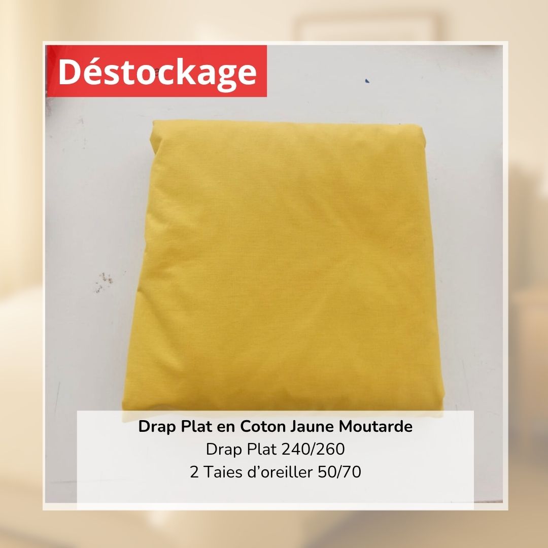 Déstockage! Drap Plat en Coton Jaune Moutarde 240/260 et 2 Taies d'oreiller