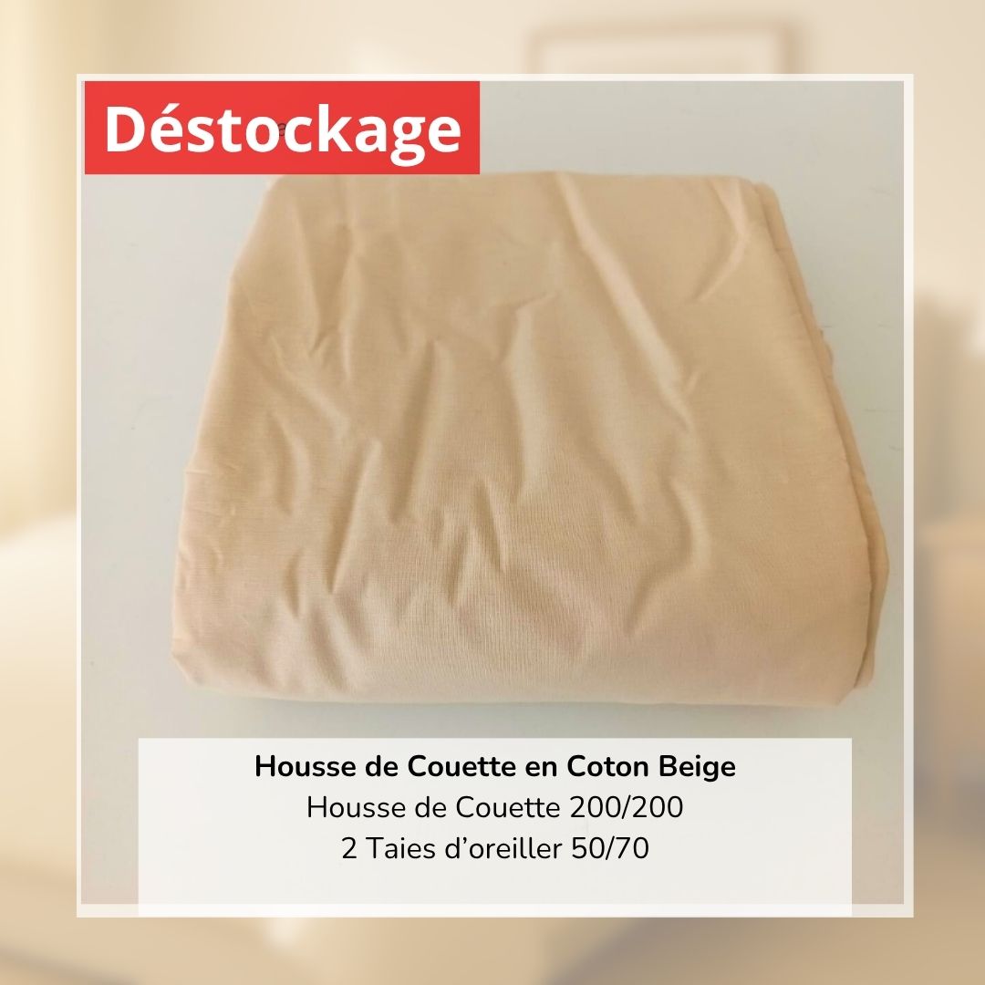 Déstockage! Housse de Couette en Coton Beige 200/200 et 2 Taies d'oreiller