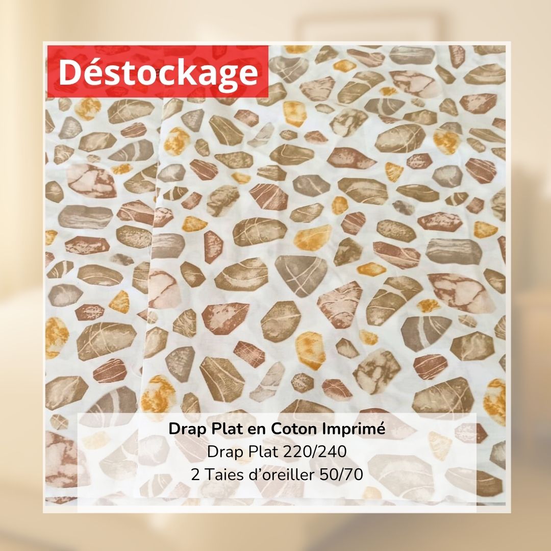 Déstockage! Drap Plat en Coton Imprimé 220/240 et 2 Taies d'oreiller