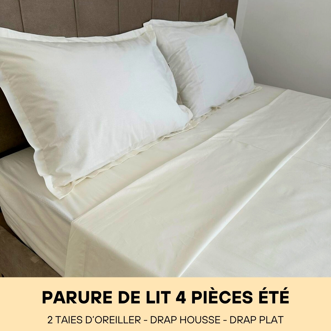 Parure de Lit en Coton (4 Pièces été) Ecru