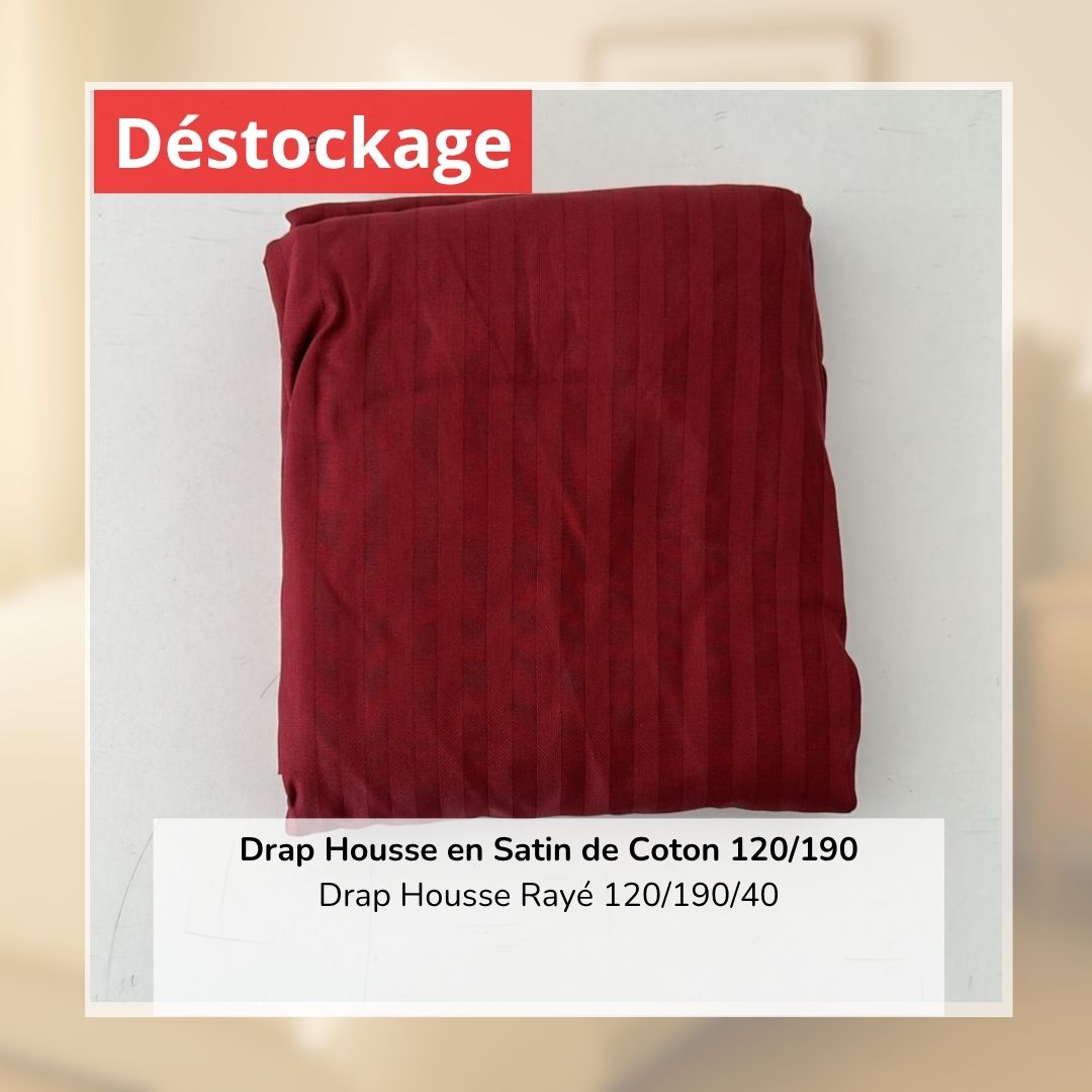Déstockage! Drap Housse en Satin de Coton Rouge Bordeaux Rayé 120/190