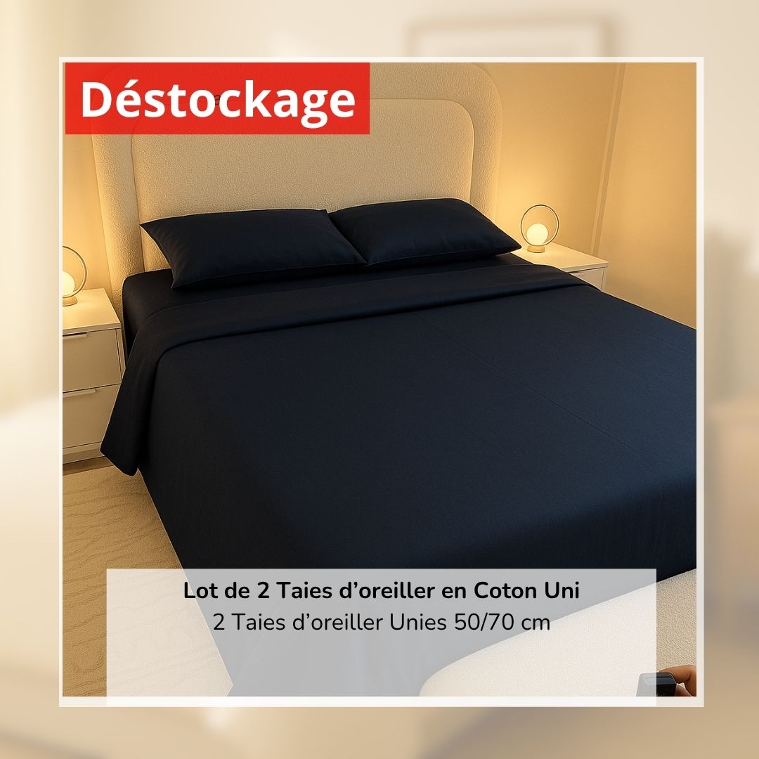 Déstockage! Lot de 2 Taies d'oreiller 100% Coton Bleu Nuit (50/70 cm)