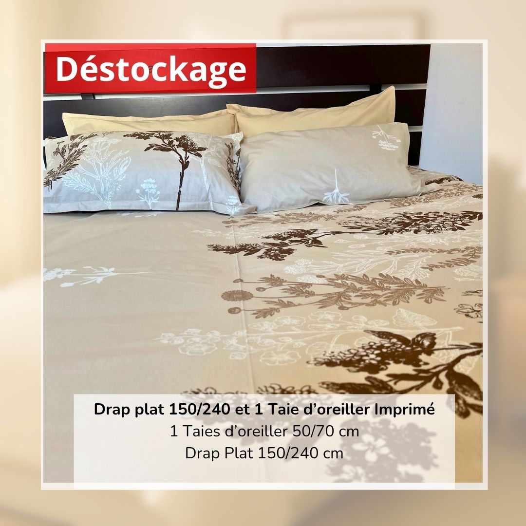 Déstockage! Drap Plat 100% Coton Imprimé Beige 150/240 cm et 1 Taie d'oreiller