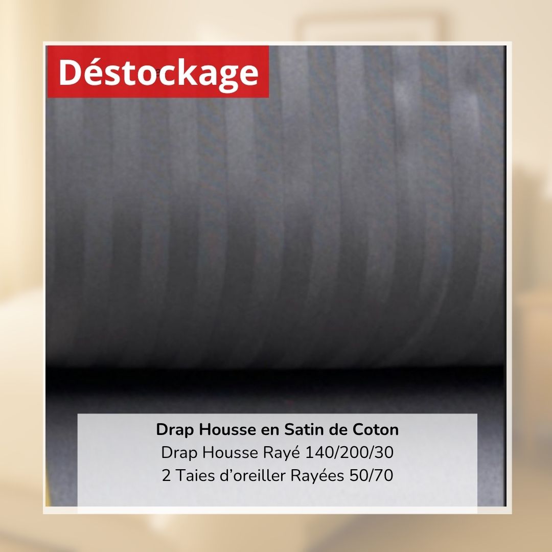 Déstockage! Drap Housse en Satin de Coton Gris Foncé Rayé 140/200 et 2 Taies