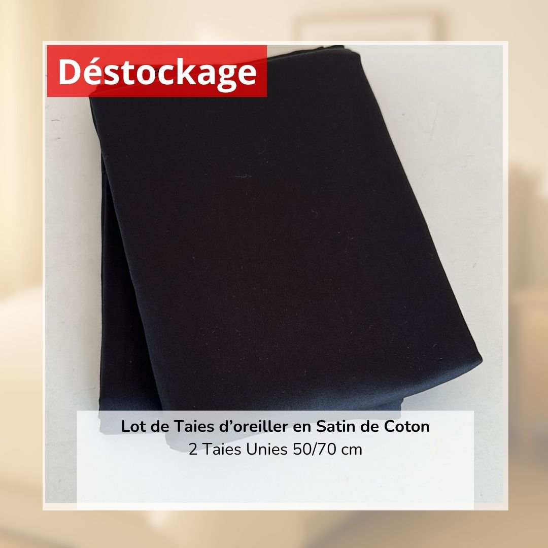 Déstockage! Lot de 2 Taies d’oreiller en Satin de Coton Noir Uni (50/70 cm)