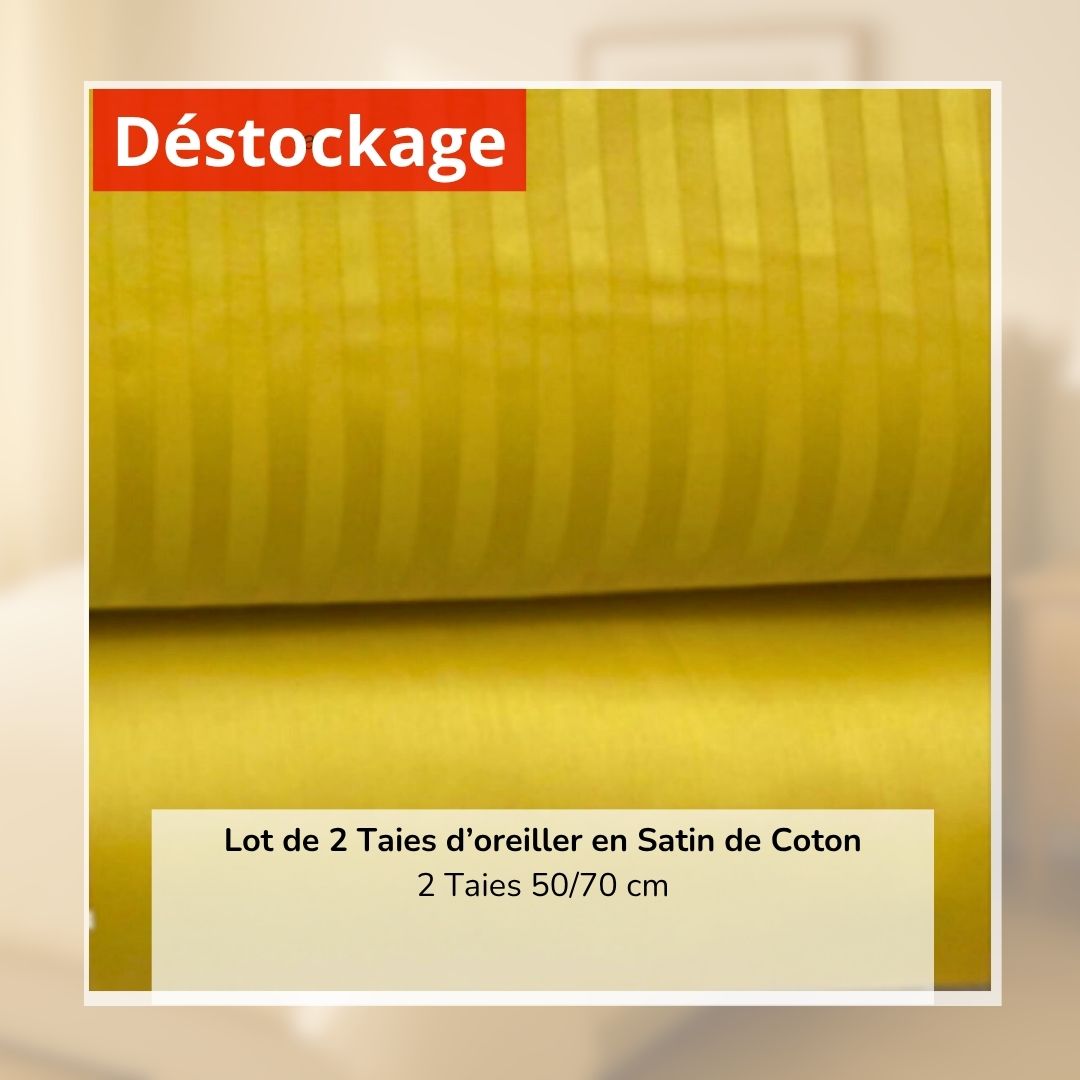 Déstockage! Lot de 2 Taies d’oreiller en Satin de Coton Jaune Moutarde Rayé (50/70 cm)
