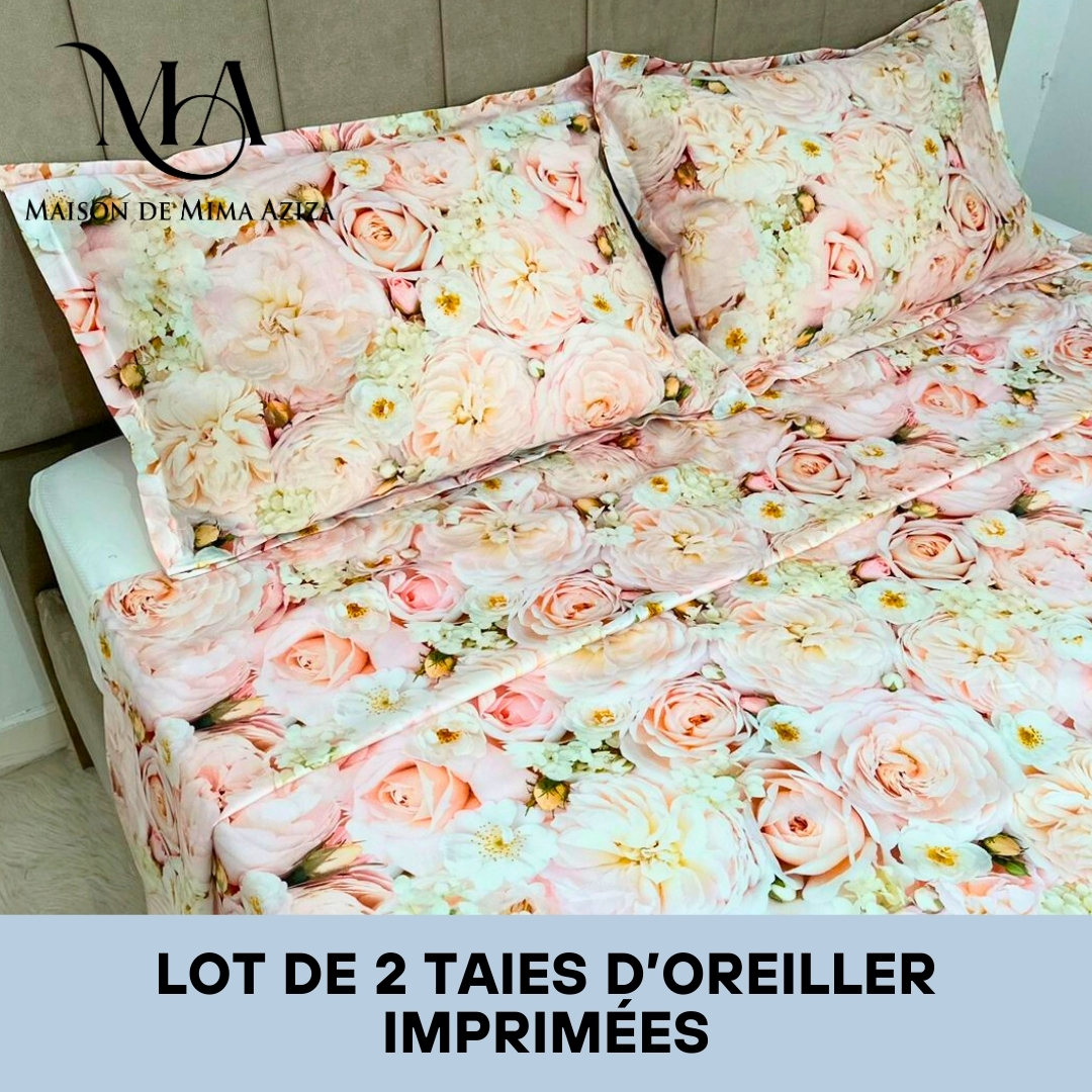 Lot de 2 Taies d'oreiller en Satin de Coton Imprimé Florale (50/70 cm)