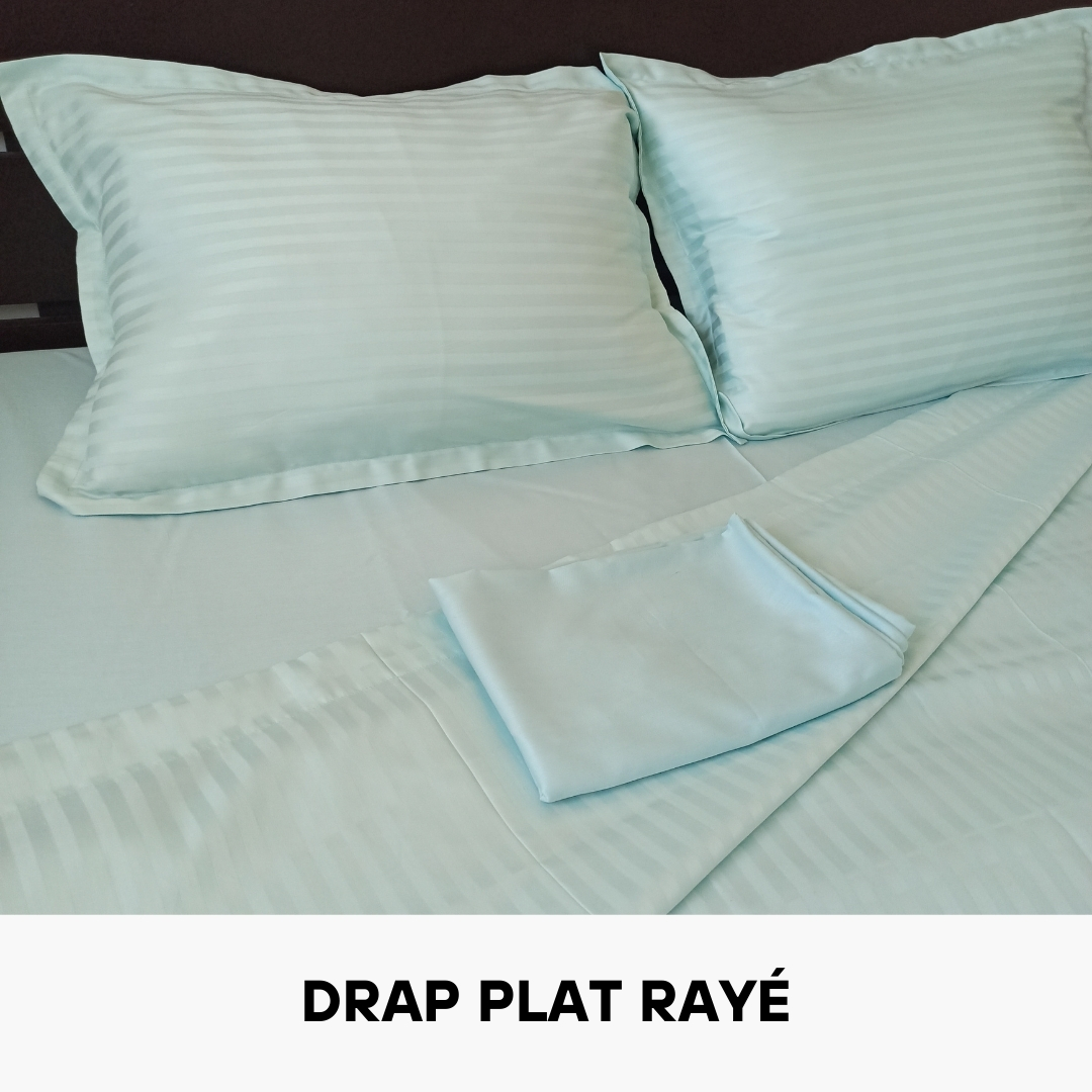 Drap Plat en Satin de Coton Aigue-Marine Rayé