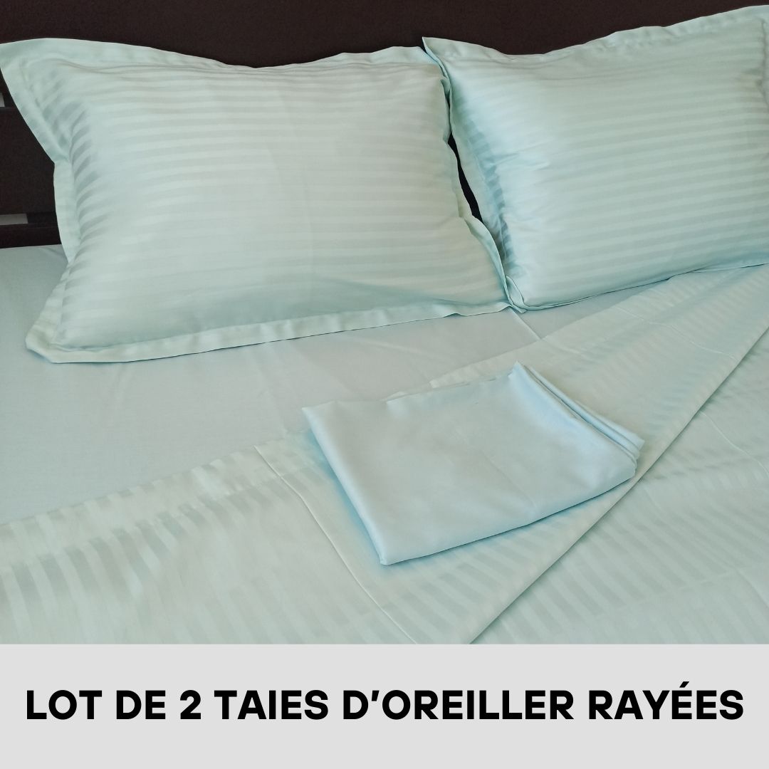 Lot de 2 Taies D'oreiller en Satin de Coton Rayées Aigue-Marine