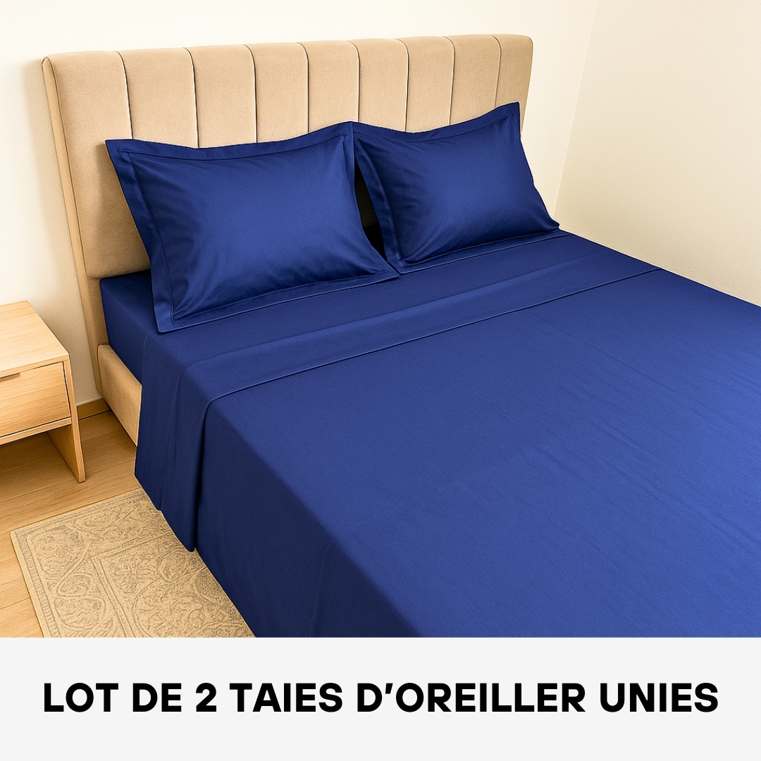 Lot 2 Taies d'oreiller en Poly-Coton 70% Coton Bleu