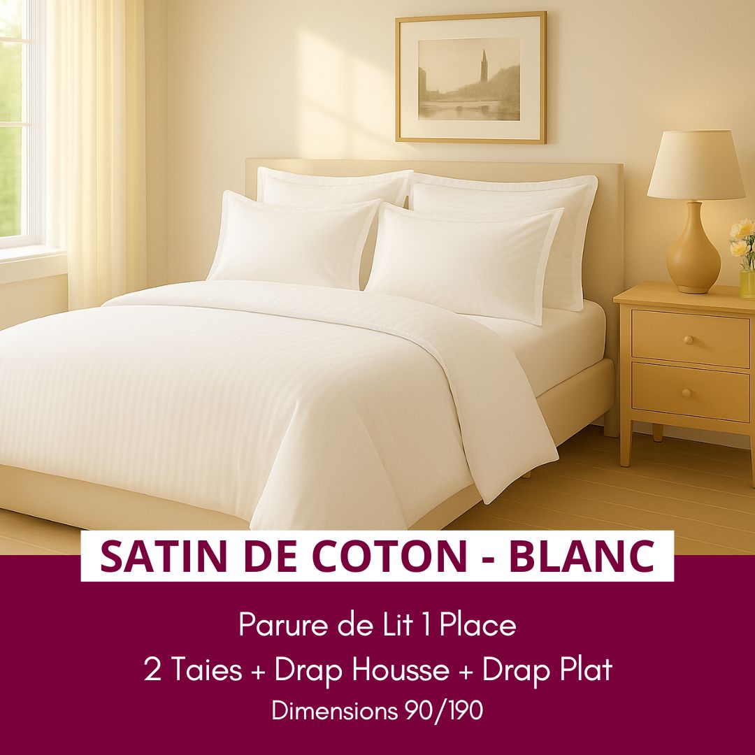 Parure de Lit 1 place en Satin de Coton - Blanc