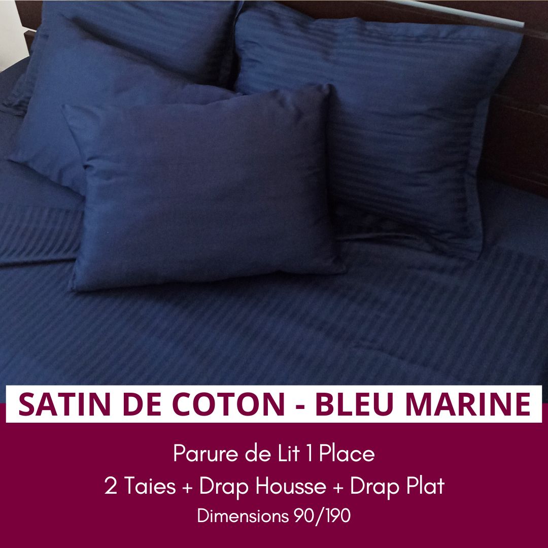 Parure de Lit 1 place en Satin de Coton - Bleu Marine