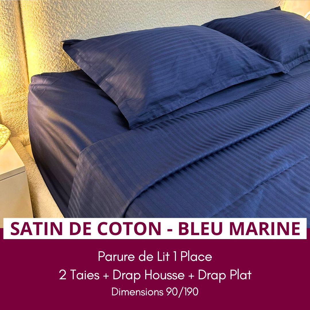 Parure de Lit 1 place en Satin de Coton - Bleu Marine