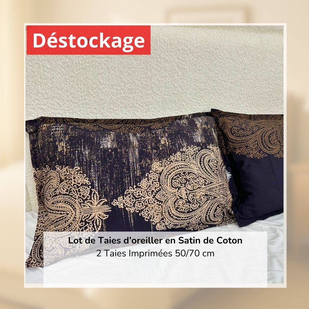 Déstockage! Lot de 2 Taies d’oreiller en Satin de Coton Imprimé Aubergine (50/70 cm)