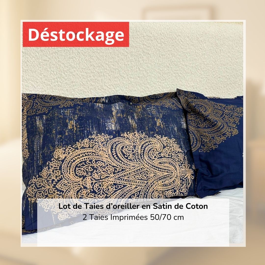 Déstockage! Lot de 2 Taies d’oreiller en Satin de Coton Imprimé Bleu (50/70 cm)