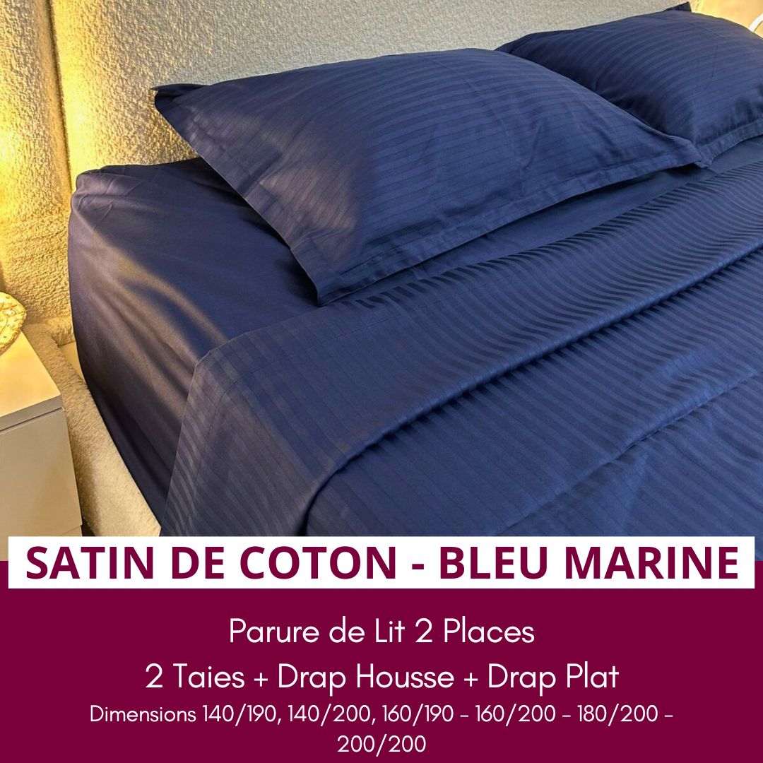 Parure de Lit 2 places en Satin de Coton - Bleu Marine