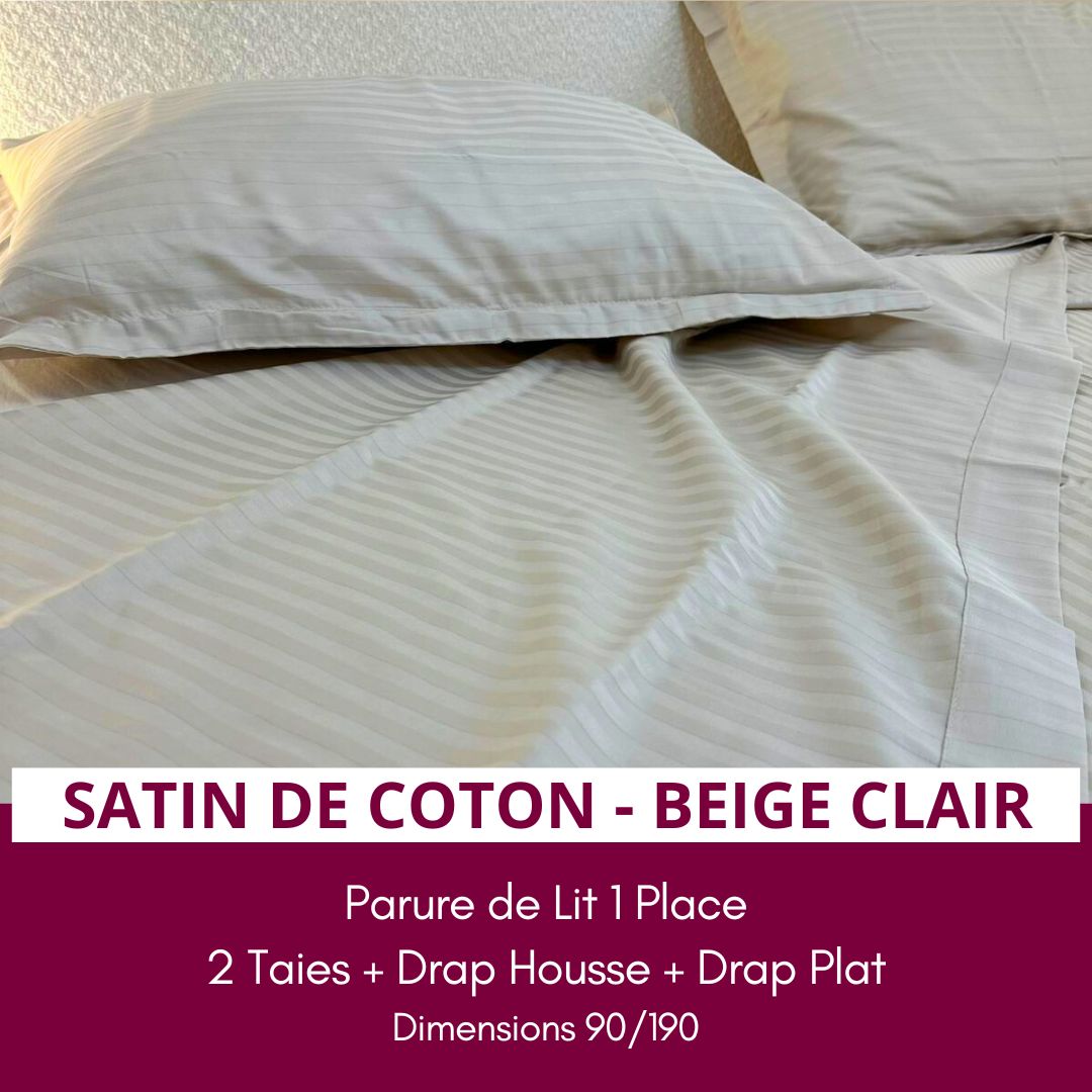 Parure de Lit 1 place en Satin de Coton - Beige Clair