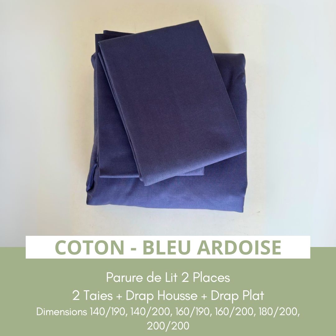 Parure de lit 2 places en Coton – Bleu Ardoise