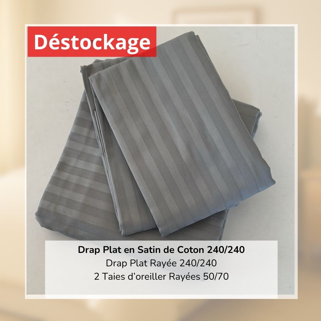 Déstockage! Drap Plat en Satin de Coton Gris Oslo 240/240 et 2 Taies