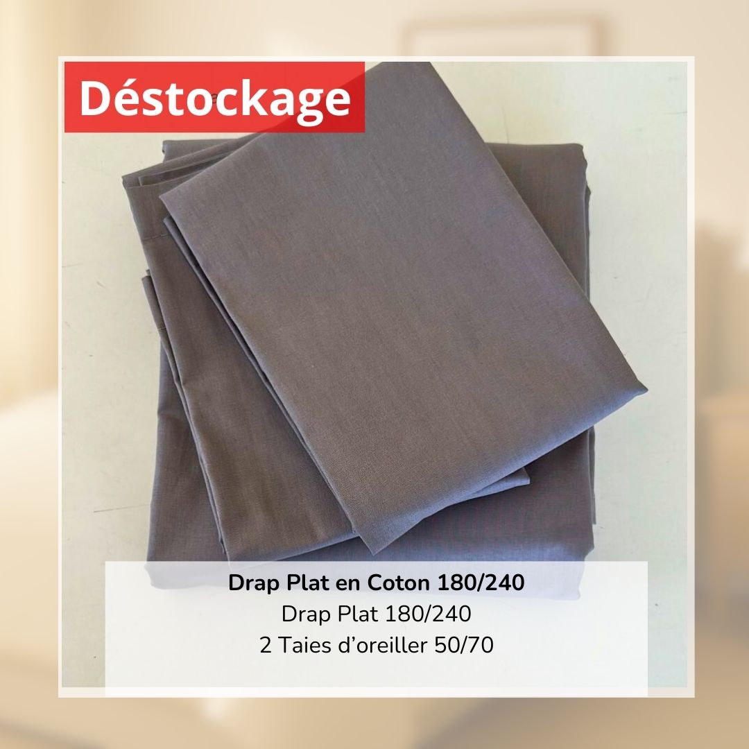 Déstockage! Drap Plat en Coton Gris 180/240 et 2 Taies
