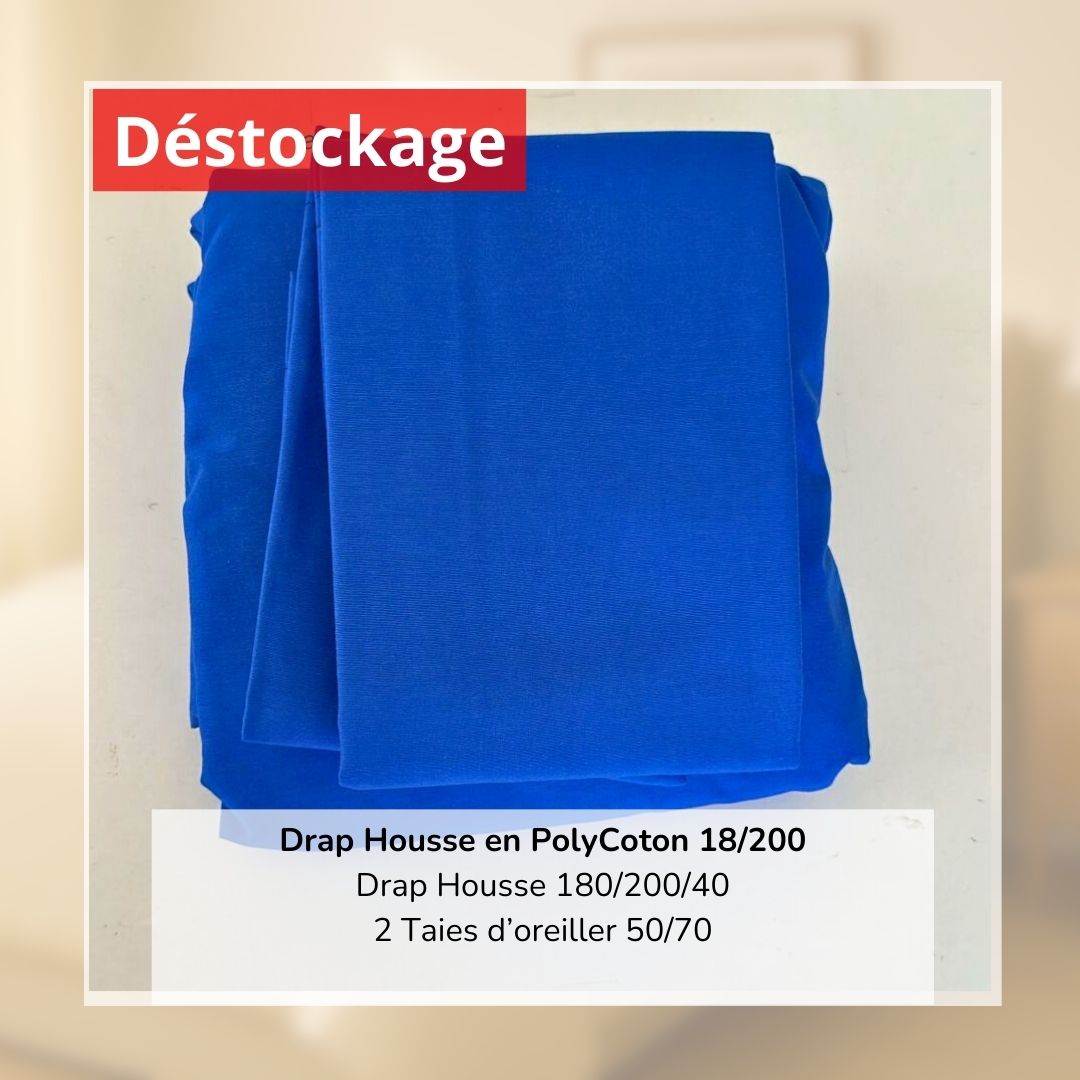 Déstockage! Drap Housse en PolyCoton Bleu Roi 180/200 et 2 Taies