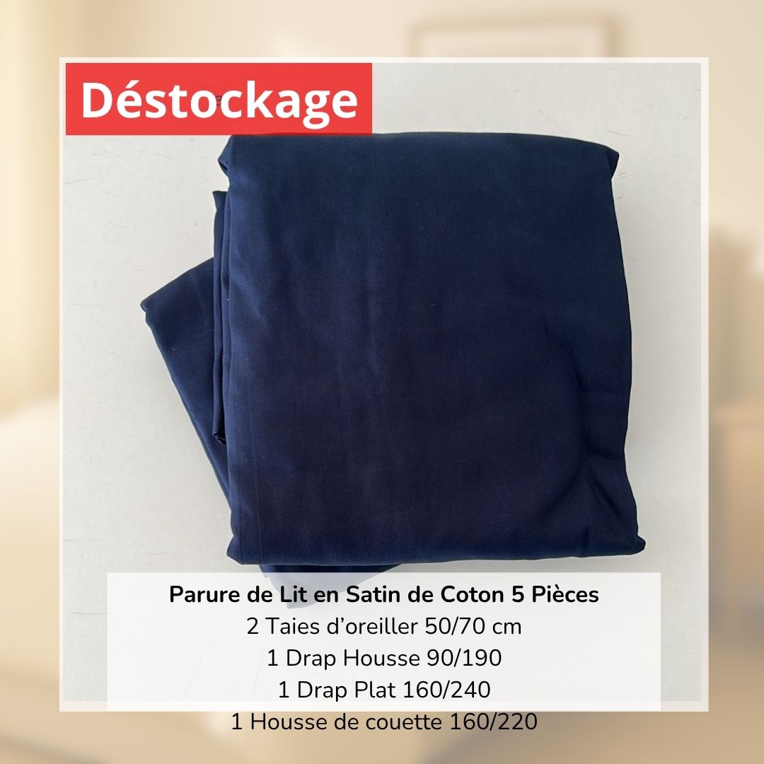 Déstockage! Parure de Lit en Satin de Coton Bleu Marine Uni 90/190 (5 Pièces)