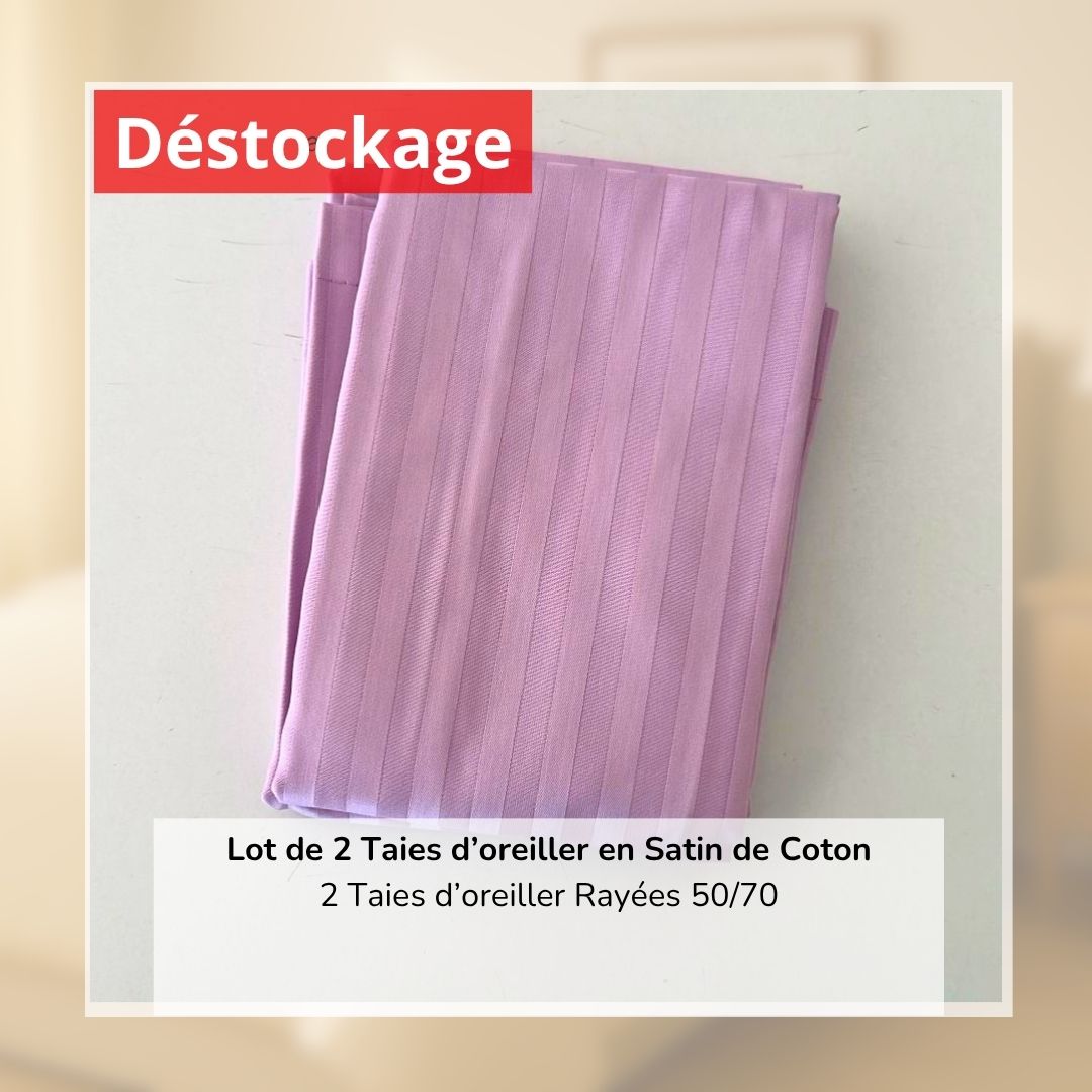 Déstockage! Lot de 2 Taies d’oreiller en Satin de Coton Lilas Rayé (50/70 cm)