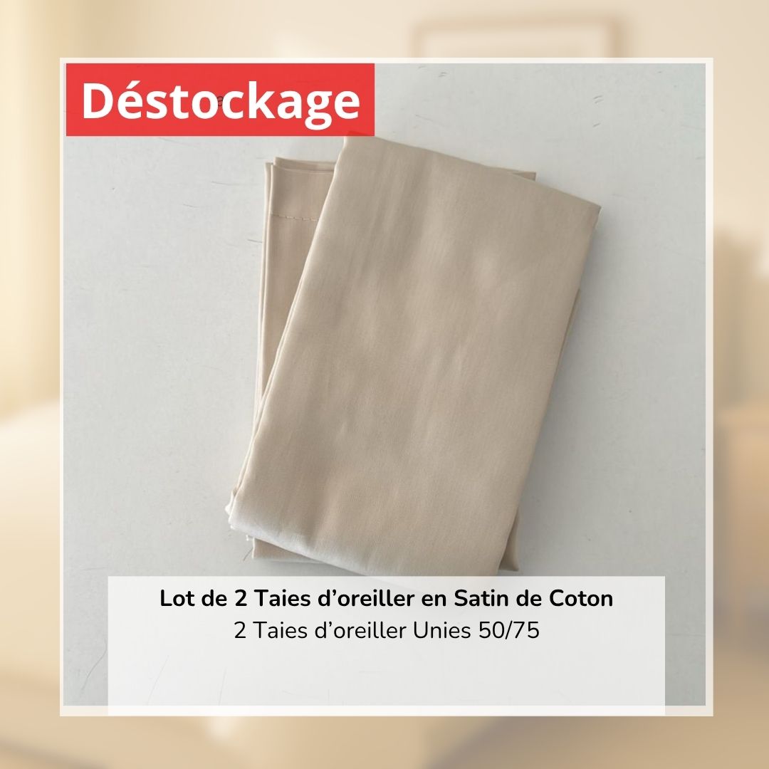 Déstockage! Lot de 2 Taies d’oreiller en Satin de Coton Beige Clair Uni (50/75 cm)
