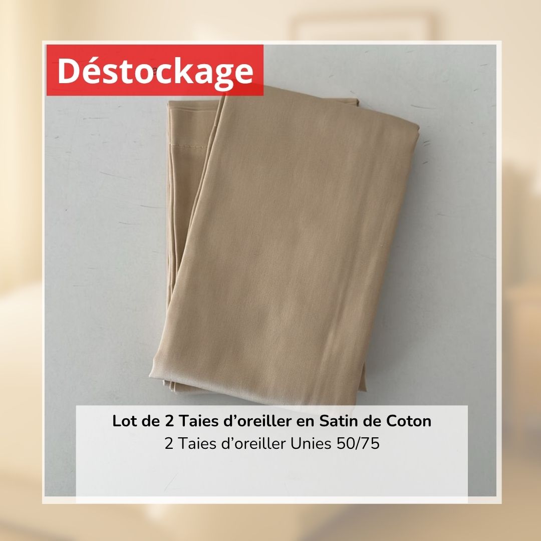 Déstockage! Lot de 2 Taies d’oreiller en Satin de Coton Champagne Uni (50/75 cm)