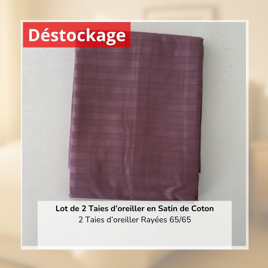 Déstockage! Lot de 2 Taies d’oreiller en Satin de Coton Parme Rayé (65/65 cm)
