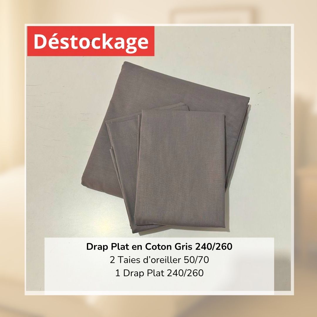 Déstockage! Drap Plat en Coton Gris 240/260 et 2 Taies