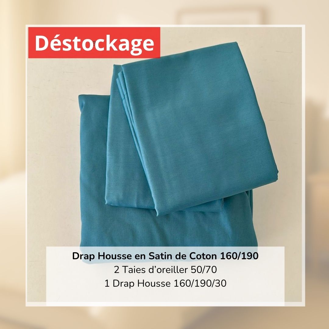 Déstockage! Drap Housse en Satin de Coton Bleu Vert Uni 160/190