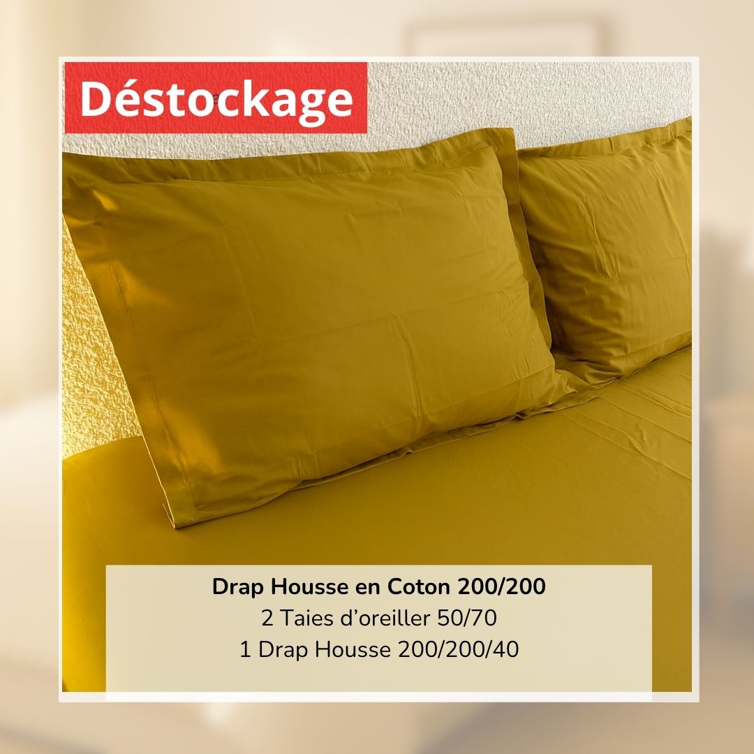 Déstockage! Drap Housse en Coton Jaune Moutarde 200/200 et 2 Taies