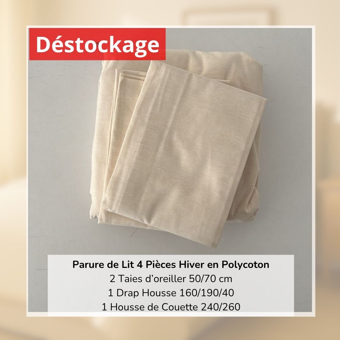 Déstockage! Parure de Lit en PolyCoton Ecru 4 Pièces Hiver (160/190)