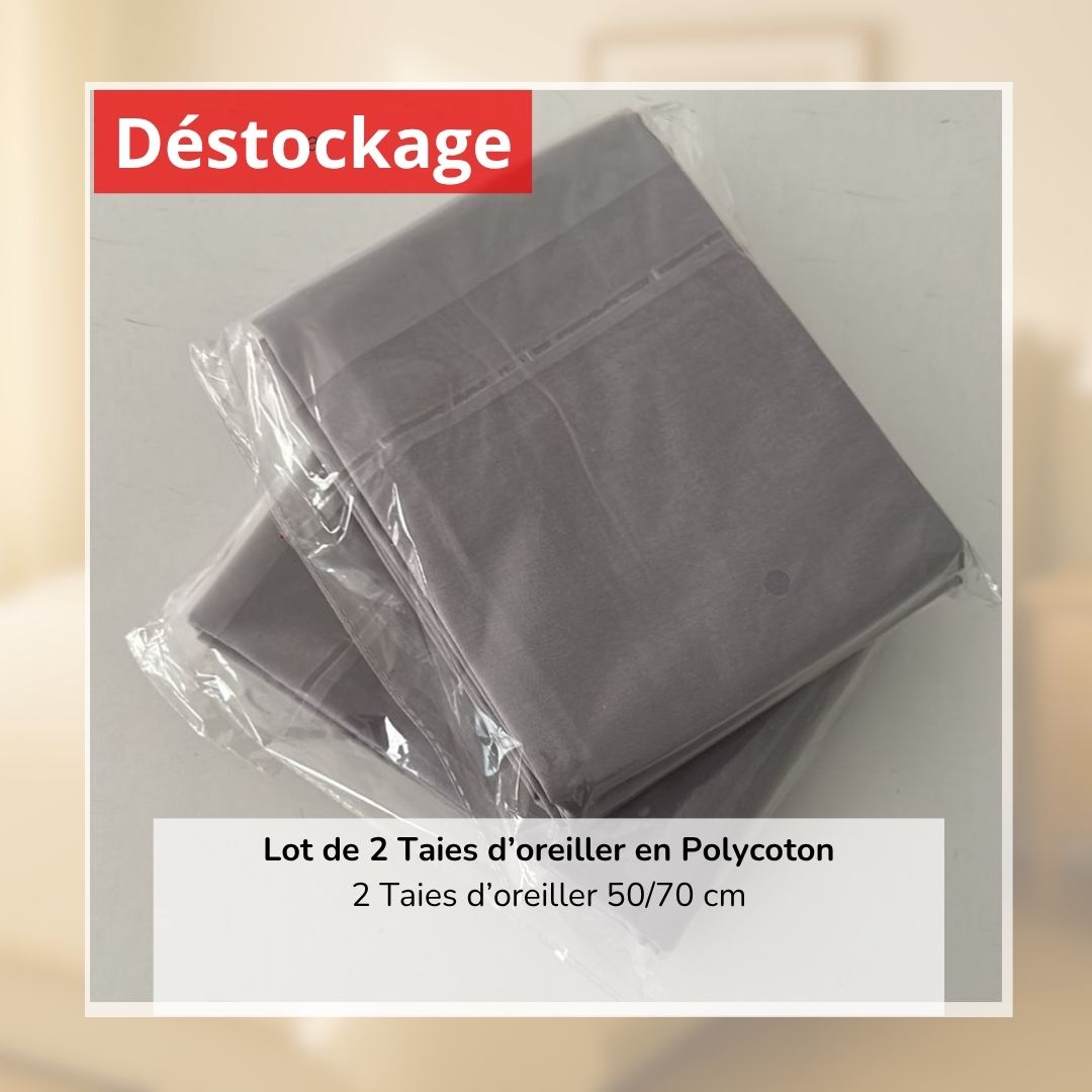 Déstockage! Lot de 2 Taies d’oreiller en PolyCoton Gris 50/70 cm